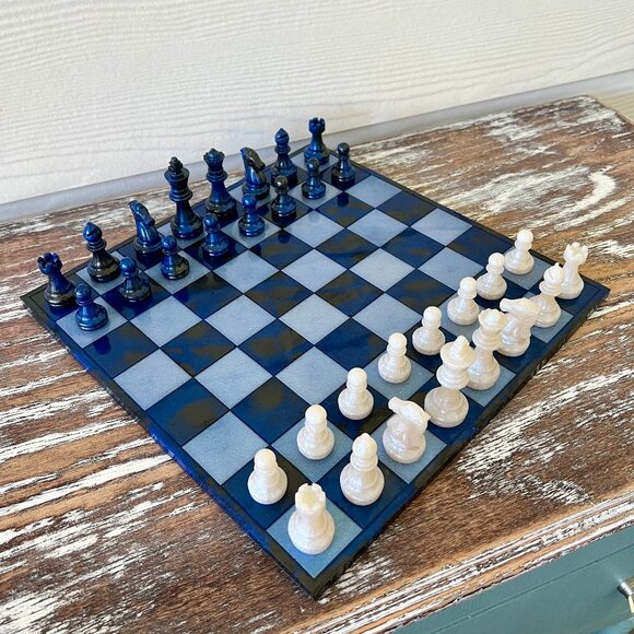 Marbled Blue-Black and Pearl White Chess Board Game with Velvet Bag 32 pieces - Picture 1 of 9
